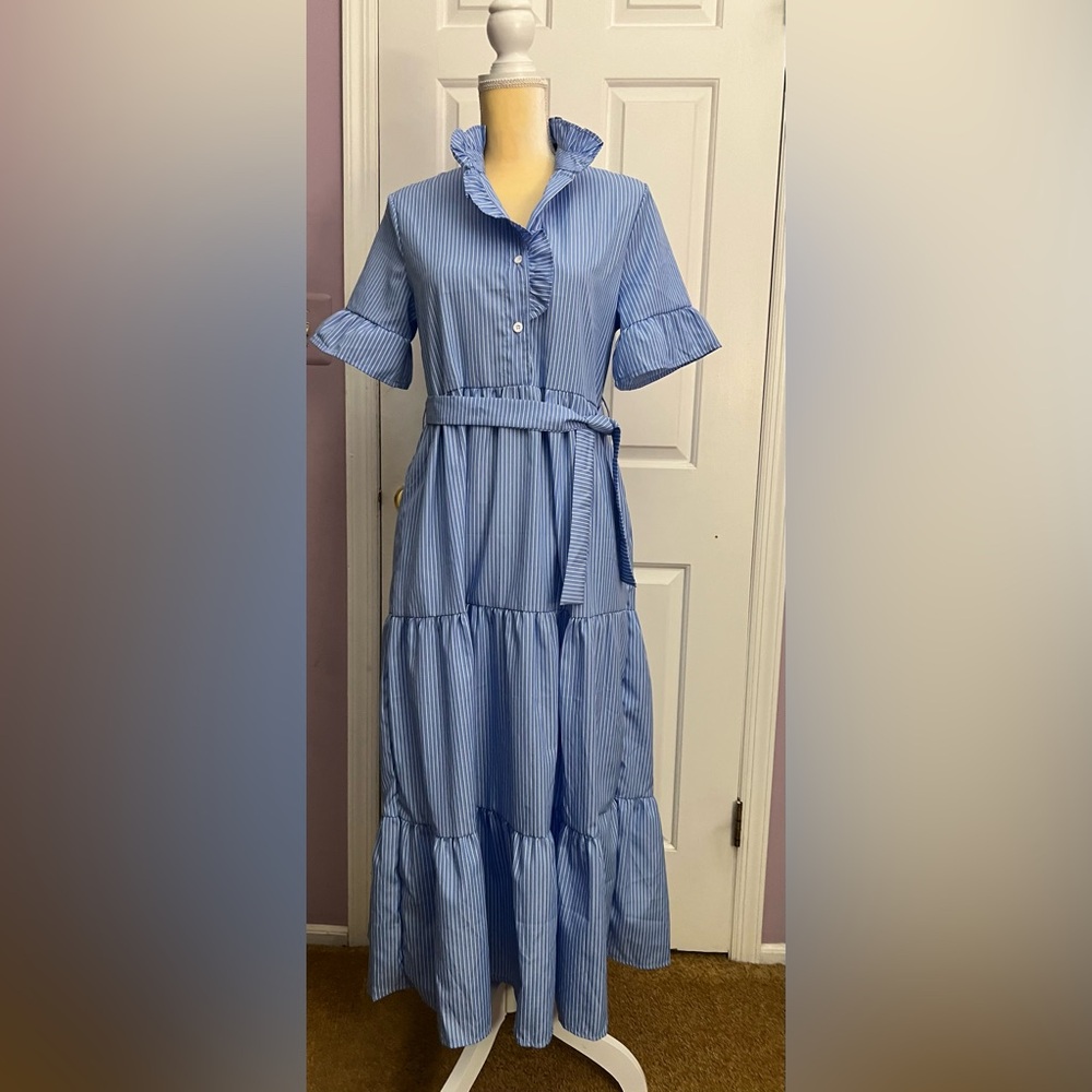 MILLE Victoria Blue Stripe Tiered Ruffle Sundress with Mock Neck
